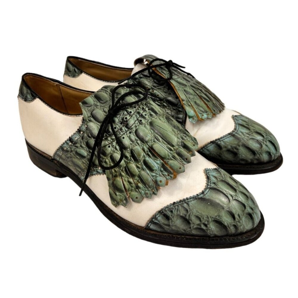 Vintage Etonic Golf Shoes Corfam Green Alligator Print Wingtips Men's 8D Nice